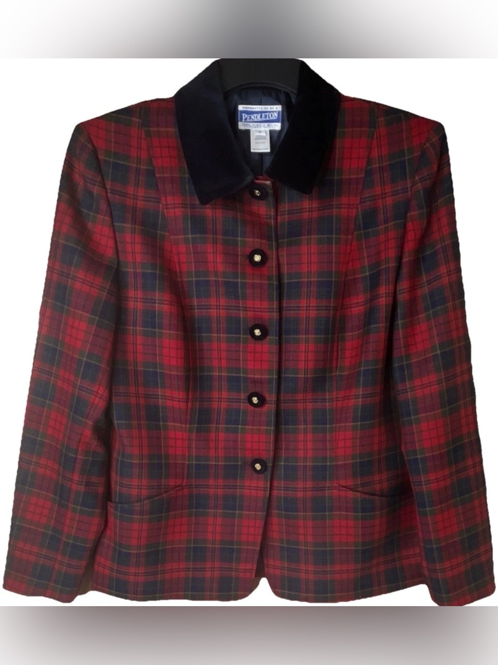 Vintage Pendleton Red&Navy Plaid 100%Virgin Wool Blazer Black Velvet Collar Sz10